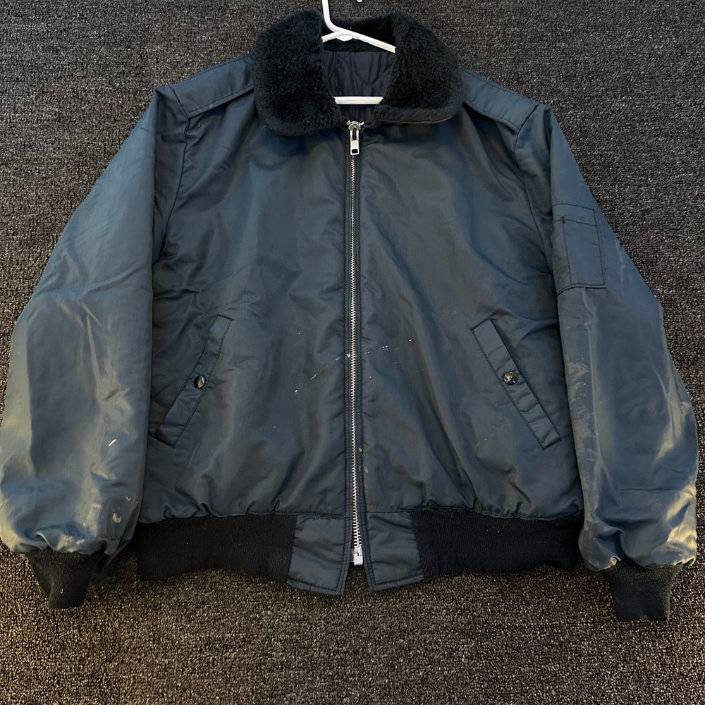 Vintage Flight Jacket Mens Large Navy Blue Good Faux Fur Collar Quilted Bomber